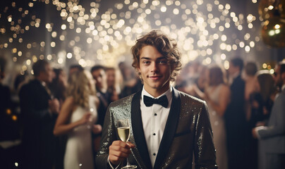 Handsome young male at a New Years party holding champagne. Celebration, people and holidays concept happy man with champagne and wine glasses at christmas or new year party stylish glitter outfit - obrazy, fototapety, plakaty