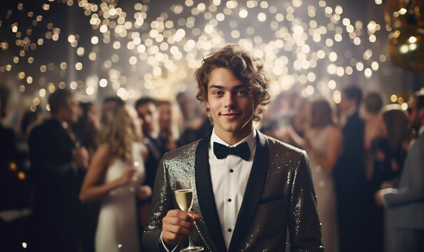 Handsome young male at a New Years party holding champagne. Celebration, people and holidays concept happy man with champagne and wine glasses at christmas or new year party stylish glitter outfit