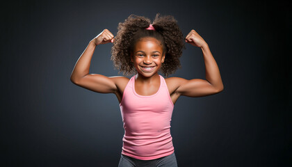 Impressive African kid bodybuilder flexing muscles and abs on minimalist colored background. - obrazy, fototapety, plakaty