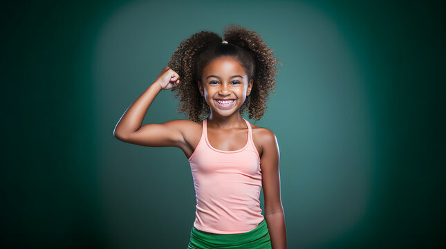 Impressive African kid bodybuilder flexing muscles on a minimalist backdrop.