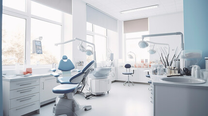 Environment Studio Dentistico. Medical office. Minimalist design. Front and close view. Copy space.Dental room. Generative AI - obrazy, fototapety, plakaty