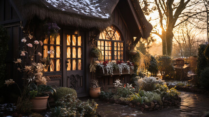 Fototapeta premium A cozy winter garden shed with a thatched roof, icicles hanging from the eaves, and a warm glow from within