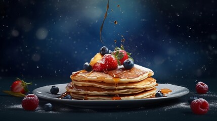 space for text on textured background with delicious pancake on the side, background image, AI generated - obrazy, fototapety, plakaty