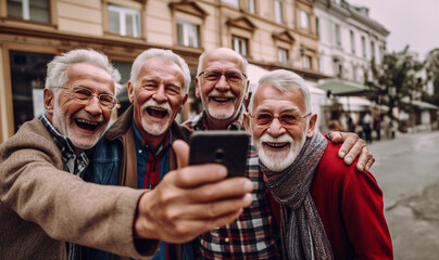 group of people senior adults having fun celebrating together outdoor. taking picture selfie with phone technology smiling and laughing with joy. - obrazy, fototapety, plakaty
