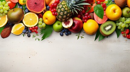 space for text on textured background surrounded by delicious tropical fruits, background image, AI generated