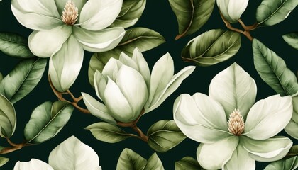 Magnolia flowers, floral background, tropical seamless pattern, luxury wallpaper. Green leaves. Dark vintage hand-painted watercolor 3d illustration. Printable modern art, stylish mural, Generative AI - obrazy, fototapety, plakaty