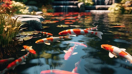 Fotobehang Colorful decorative fish, koi fish float in an artificial pond, view from above © Beny