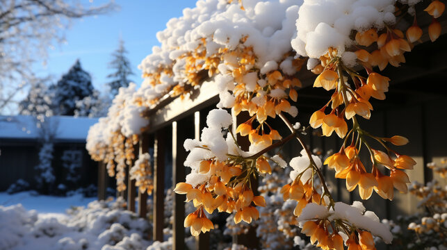 A beautiful trellis covered in winter jasmine, its delicate yellow blossoms providing a pop of color in the snowy garden