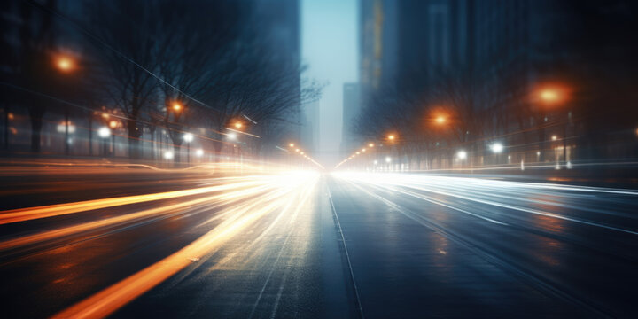Abstract blurred night street lights background. Defocused image of a city street at night.