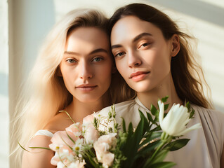 two beautiful women with flowers