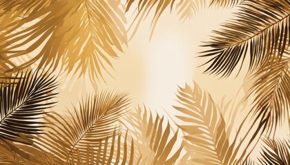 Palm leaves illustration in gold. Wallpaper texture, natural beige colors. 3d design, seamless pattern, abstract background. Mural ceiling. Watercolor, Generative AI
