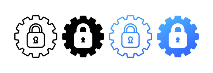 Access settings icons. Different styles, key lock inside the gear, privacy settings, icon access settings. Vector icons