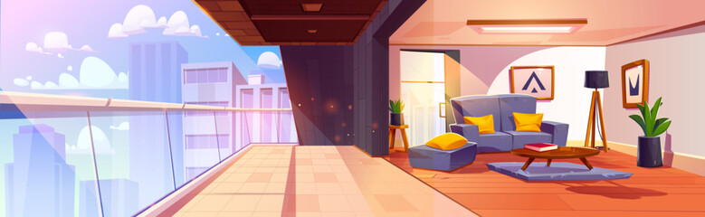 Fototapeta premium Home balcony and living room interior vector background. Flat open terrace in building. Cozy sofa in studio hotel apartment with outdoor lounge cartoon concept. Morning in city condo panoramic design