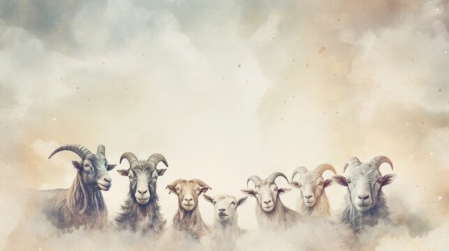 space for text on textured background surrounded by goats in water color style, background image, AI generated