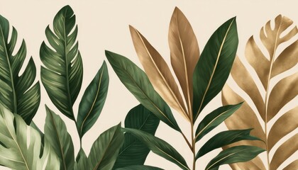 Vintage tropical green brown leaves, beige background, golden texture. Luxury mural, premium wallpaper. 3d painting illustration, watercolor design. Seamless border. Stylish cloth, paper,Generative AI - obrazy, fototapety, plakaty