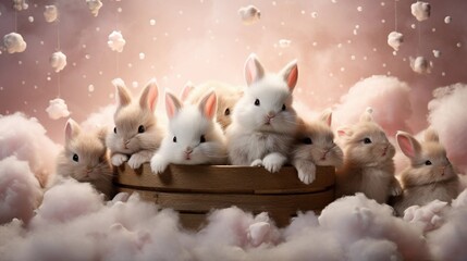 space for text on textured background surrounded by baby bunnies, background image, AI generated
