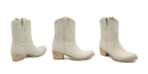 Fashionable leather boots isolated on white background. View from all sides.