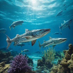 Fototapeta premium Group of fierce barracudas in a tropical reef