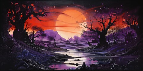 Obraz premium Generative AI, orange and purple vintage retro landscape, abstract graffiti street art, painting of fantasy landscape 