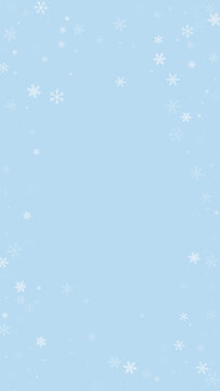 Beautiful snowfall christmas background. Subtle flying snow flakes and stars on light blue winter backdrop. Beautiful snowfall overlay template. Vertical vector illustration.