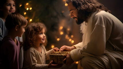 Obraz na płótnie Canvas Jesus giving gift to child at Christmas, love concept
