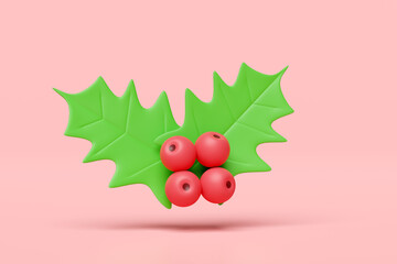 holly berry leaves isolated on pink background. merry christmas and happy new year, 3d render illustration