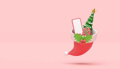 Santa claus hat with mobile phone, smartphone, discount sales, christmas tree, holly berry leaves isolated on pink background. merry christmas and happy new year, 3d render illustration