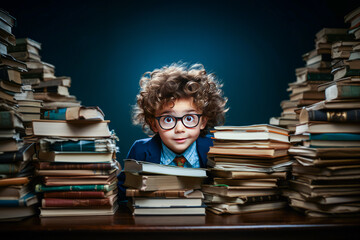 Inspiring young bookworm in glasses carrying a towering stack of books.
