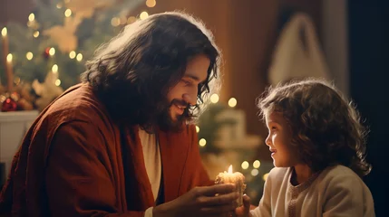 Poster Jesus giving gift to child at Christmas, love concept © Demencial Studies