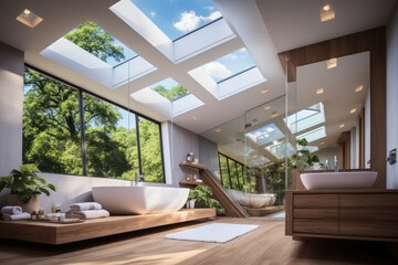 a modern white bathroom with glass view into the sky