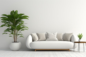 Salon moderne avec canapé et plante sur fond blanc. IA générative, IA