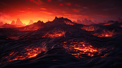 Illustration of a surface with lava at night.