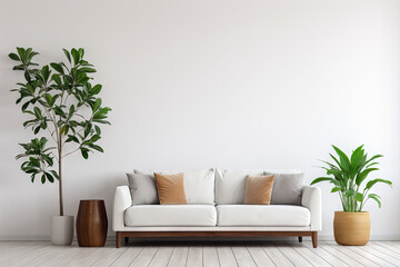 Salon moderne avec canapé et plante sur fond blanc. IA générative, IA - obrazy, fototapety, plakaty