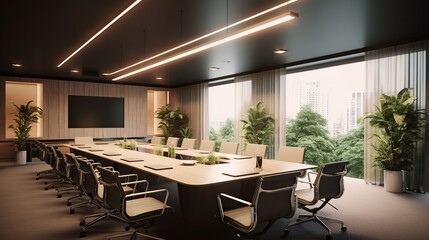 Fototapeta na wymiar Meeting room, a company office with big table and projector with minimalist interior