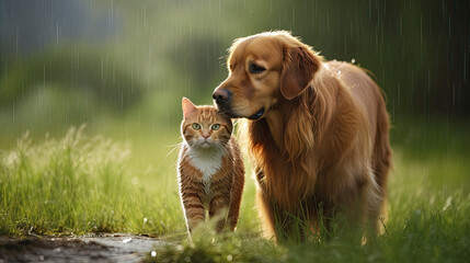 golden retriever with a cat on the grass