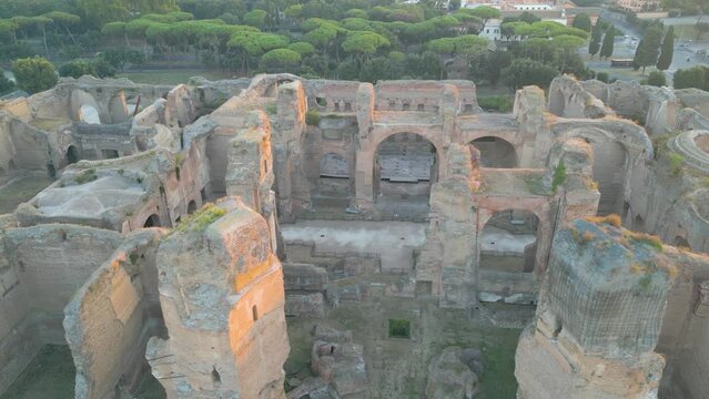 Aerial View Above Baths of Caracalla - Famous Tourist Destination in Rome. Sliding Drone Shot