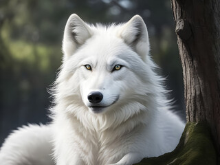 Fototapeta premium Wildlife photography of white wolf. Generated by AI tools.