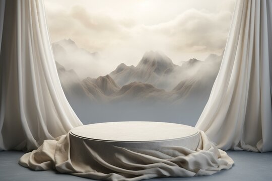 3D Marble Podium With Flowing Cloth Mountain Backdrop. Soft And Luxurious Product Presentation. Generative AI