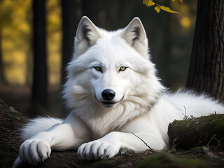 Obraz premium Wildlife photography of white wolf. Generated by AI tools.