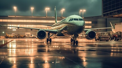 plane at the airport in the afternoon with sunset light - obrazy, fototapety, plakaty