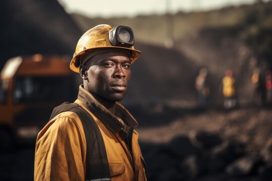 Male young African mine worker wearing protective at coal mine or mining.