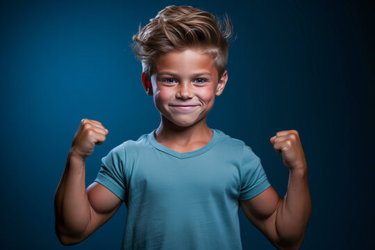 Remarkable minimalist portrait of a muscled young boy showcasing his abs and flexed arms.