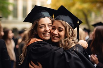 Young women embracing each other after graduation ceremony on university. - obrazy, fototapety, plakaty