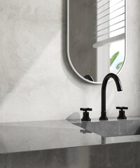 Dark gray granite vanity counter top, black hot and cold faucet, mirror in sunlight shadow on...