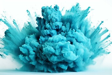 Explosive blue cyan powder festival on white. Generative AI