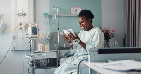 Woman, reading card and bed in hospital for message, get well soon or motivation with smile, hope...