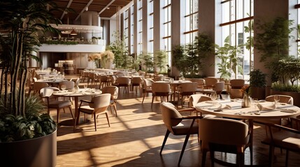 Interior of cozy restaurant. Contemporary design, in the upper room, light penetrates through glass walls, modern dining place and bar counter, copy space