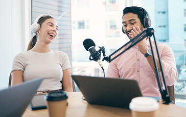 Man, woman and radio with interview, conversation and live streaming with happiness, news or media...
