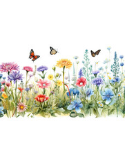Obraz na płótnie Canvas Bordure horizontale sans couture avec fleurs abstraites, feuilles et plantes vertes, papillons volants. Illustration panoramique de prairie d’été. IA générative, IA