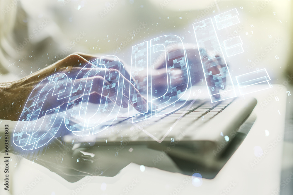 Poster creative code word hologram and hands typing on computer keyboard on background, artificial intellig
